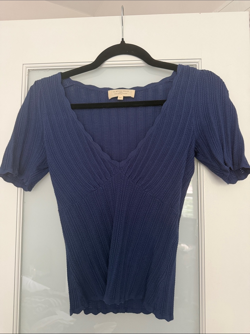 Sezane V-Neck Knit Top in Deep Blue